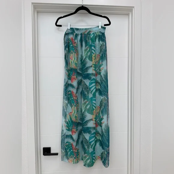 Tropical Palm Print Sheer Maxi Wrap Skirt Beach Cover-Up Resort Vacation O/S - Picture 3 of 6